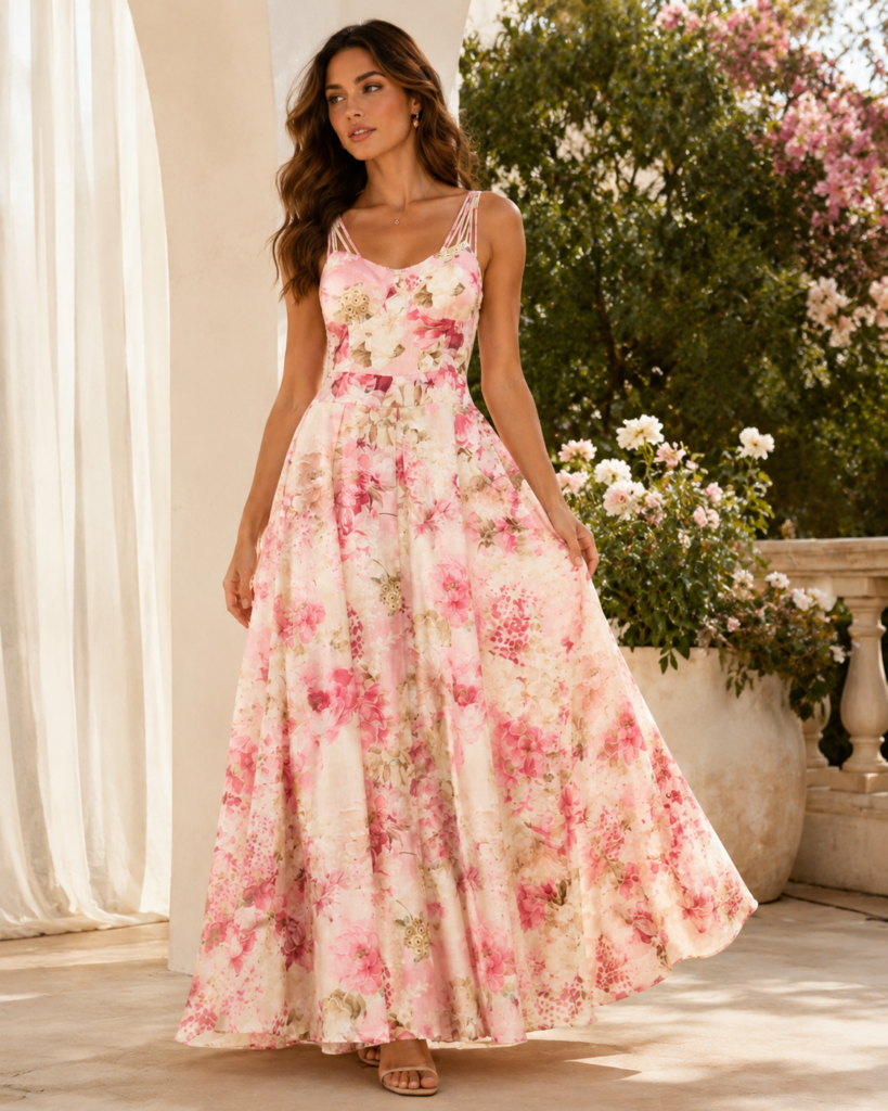 Pink Watercolor Floral Spaghetti Strap Maxi Dress