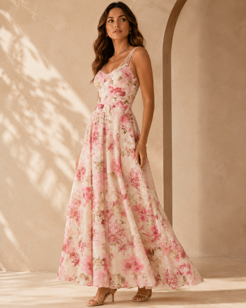 Pink Watercolor Floral Spaghetti Strap Maxi Dress