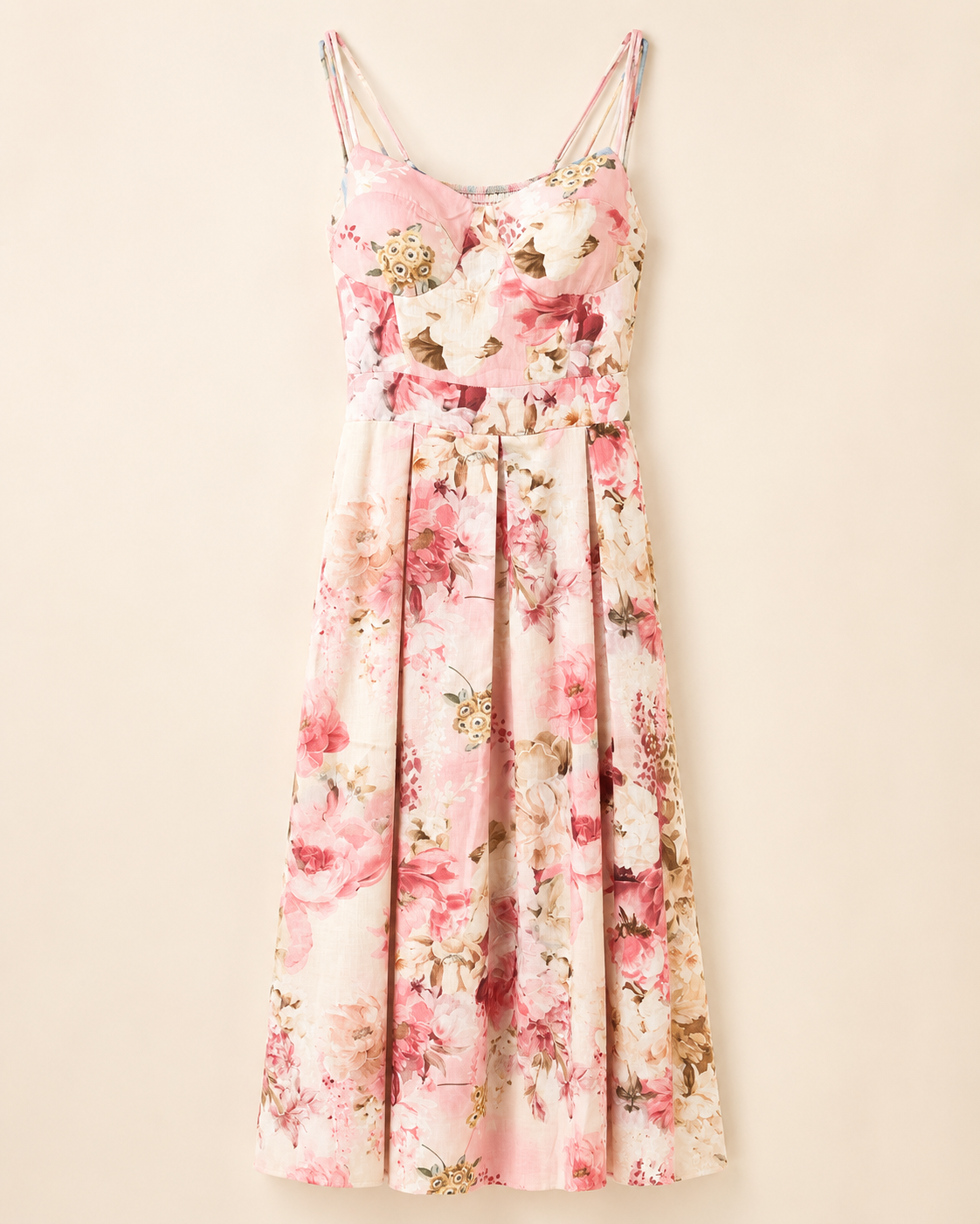 SHELLA — Robe longue fleurie aquarelle rose à fines bretelles / Pink Watercolor Floral Spaghetti Strap Maxi Dress / فستان طويل مزهّر وردي بألوان مائية بحمالات رفيعة
