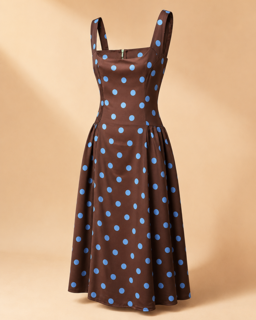 Polka Dot Square-Neck Midi Dress