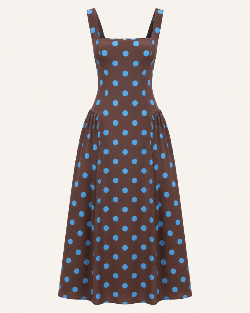 Polka Dot Square-Neck Midi Dress