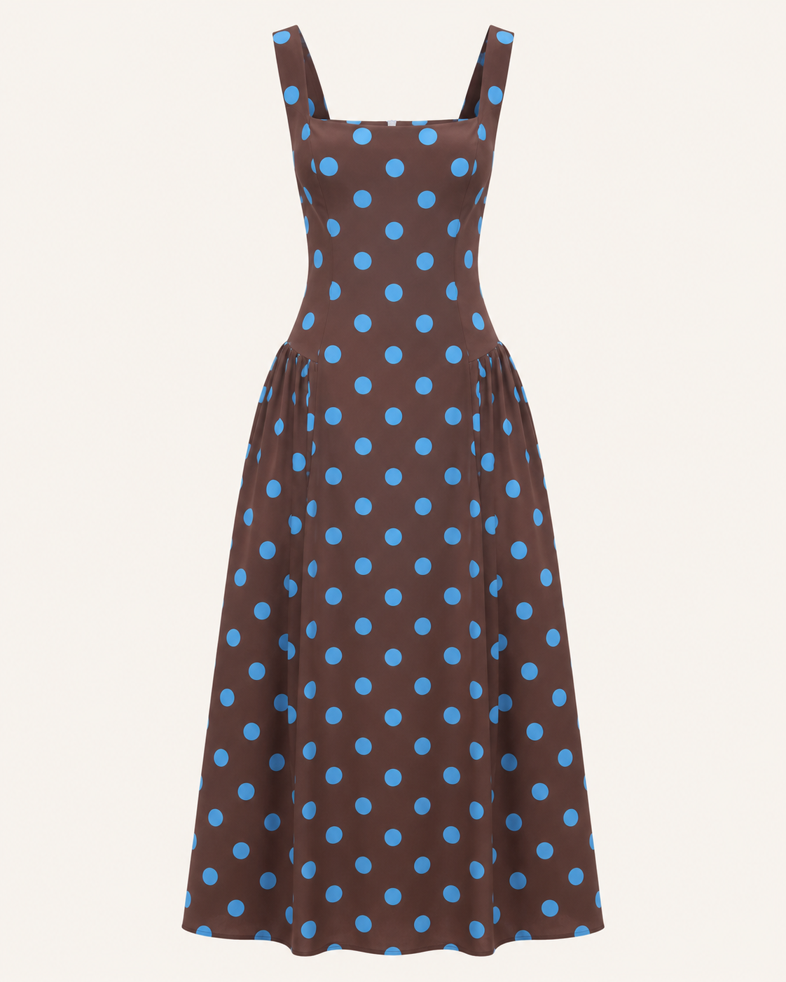 SHELLA — Robe midi à pois col carré sans manches / Polka Dot Square-Neck Midi Dress / فستان ميدي منقّط بياقة مربعة بدون أكمام