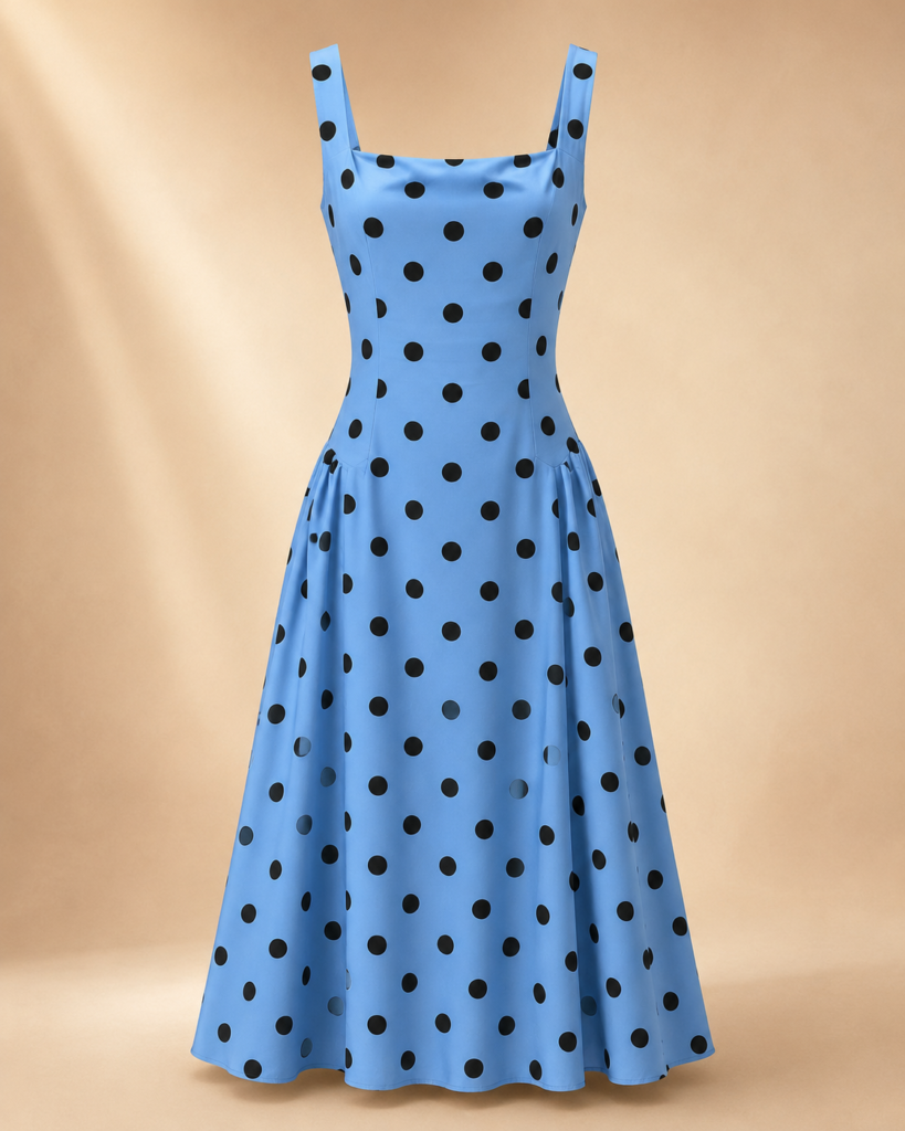 Polka Dot Square-Neck Midi Dress