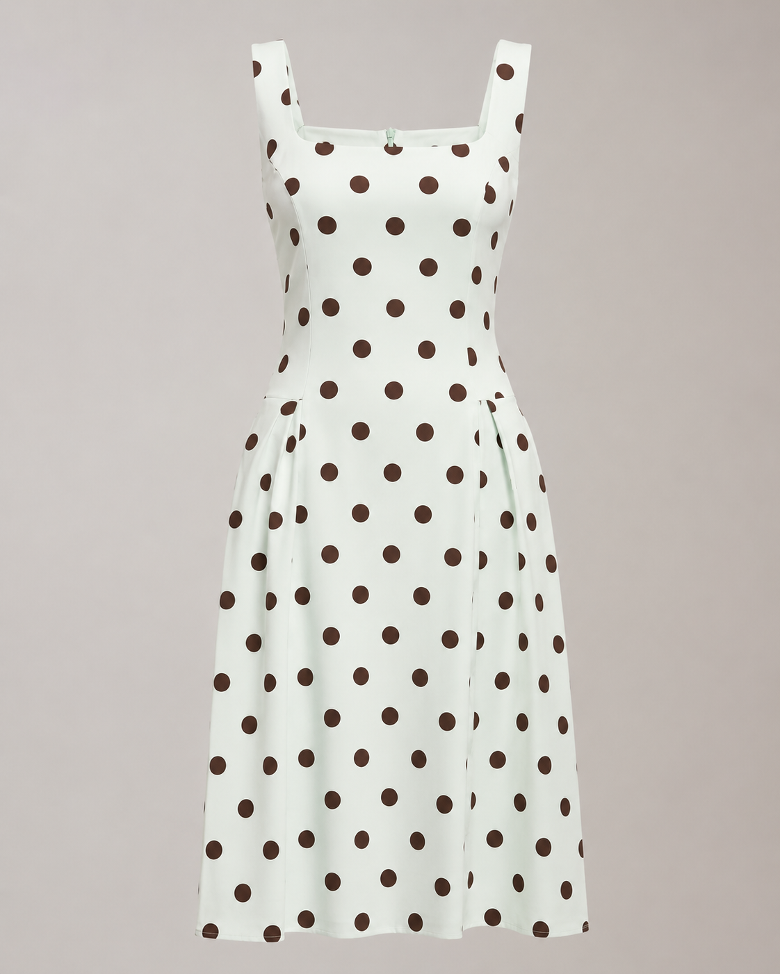 SHELLA — Robe midi à pois col carré sans manches / Polka Dot Square-Neck Midi Dress / فستان ميدي منقّط بياقة مربعة بدون أكمام
