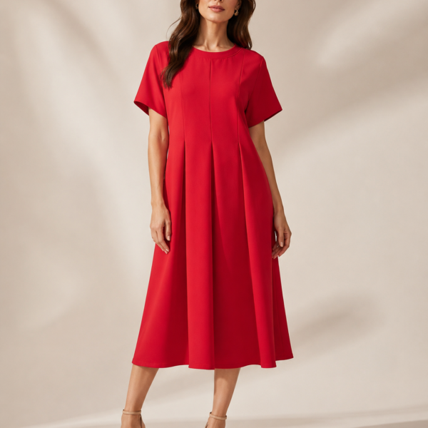 SHELLA — Robe midi rouge plissée à manches courtes, col rond & coupe évasée / Elegant Red Short-Sleeve Pleated Midi Dress / فستان ميدي أحمر بكسرات بأكمام قصيرة ورقبة دائرية