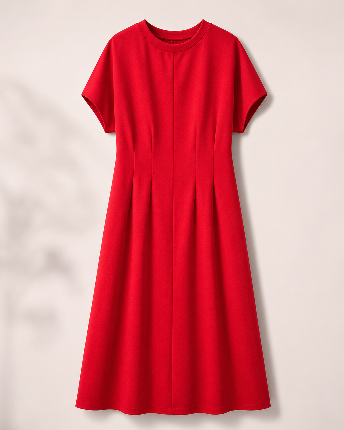 SHELLA — Robe midi rouge plissée à manches courtes, col rond & coupe évasée / Elegant Red Short-Sleeve Pleated Midi Dress / فستان ميدي أحمر بكسرات بأكمام قصيرة ورقبة دائرية