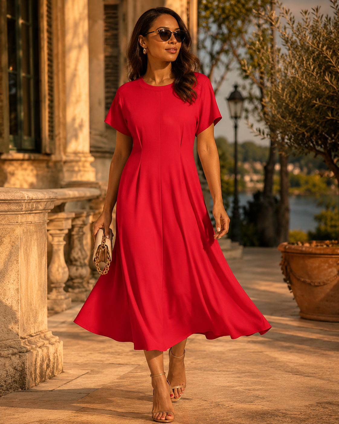 SHELLA — Robe midi rouge plissée à manches courtes, col rond & coupe évasée / Elegant Red Short-Sleeve Pleated Midi Dress / فستان ميدي أحمر بكسرات بأكمام قصيرة ورقبة دائرية
