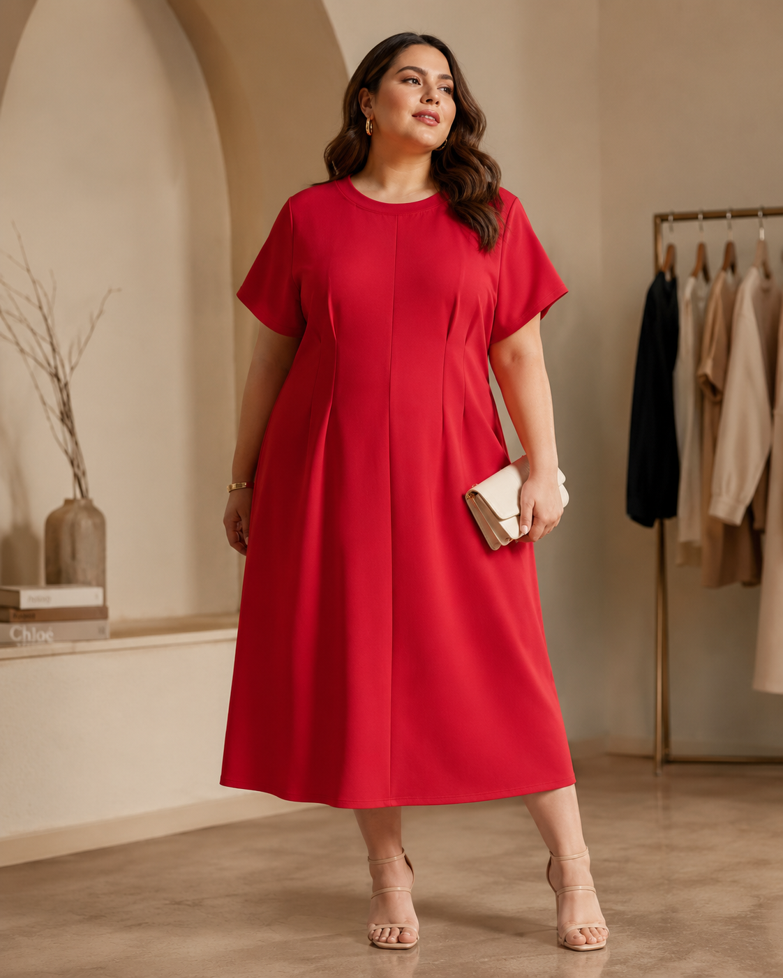 SHELLA — Robe midi rouge plissée à manches courtes, col rond & coupe évasée / Elegant Red Short-Sleeve Pleated Midi Dress / فستان ميدي أحمر بكسرات بأكمام قصيرة ورقبة دائرية