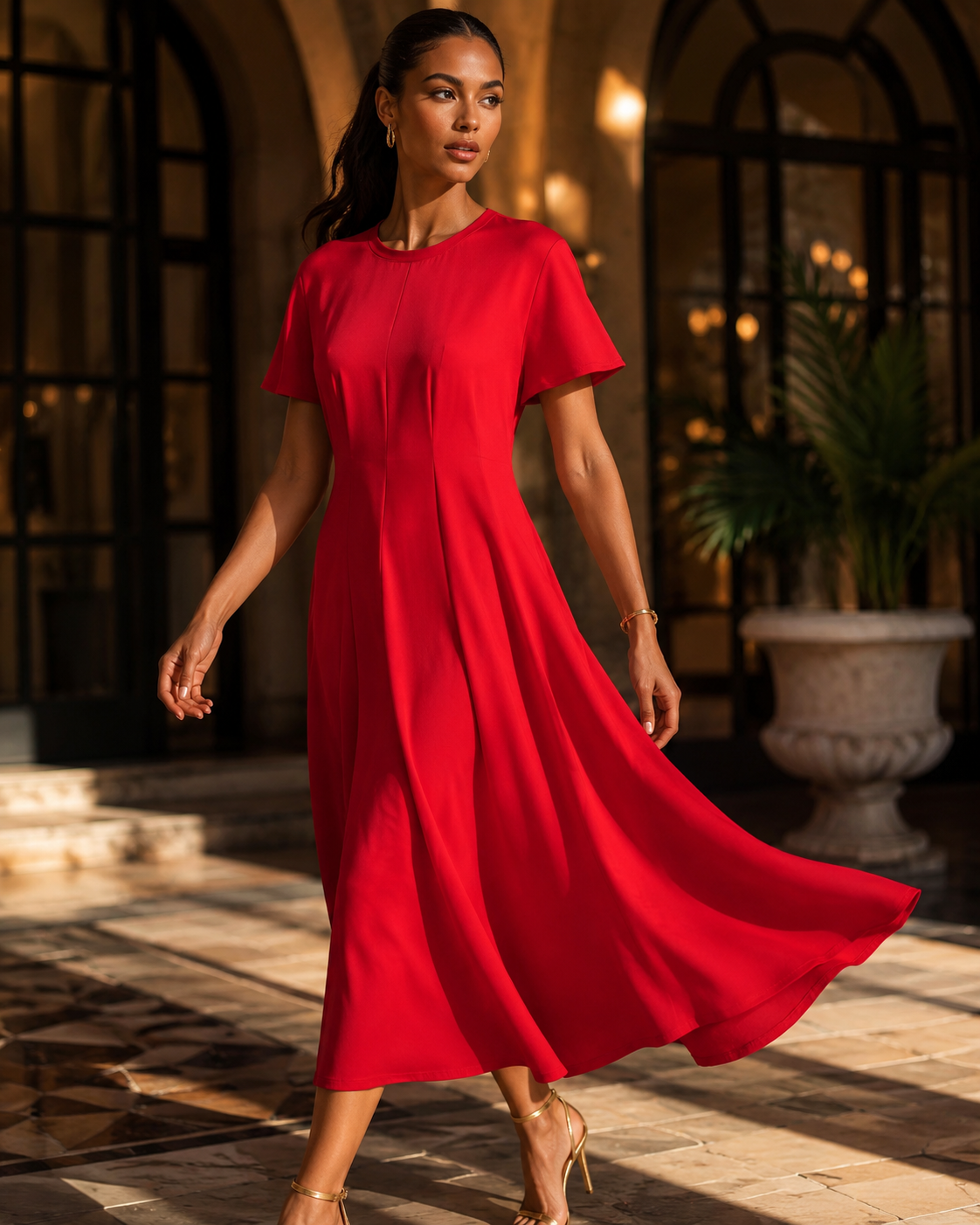 SHELLA — Robe midi rouge plissée à manches courtes, col rond & coupe évasée / Elegant Red Short-Sleeve Pleated Midi Dress / فستان ميدي أحمر بكسرات بأكمام قصيرة ورقبة دائرية