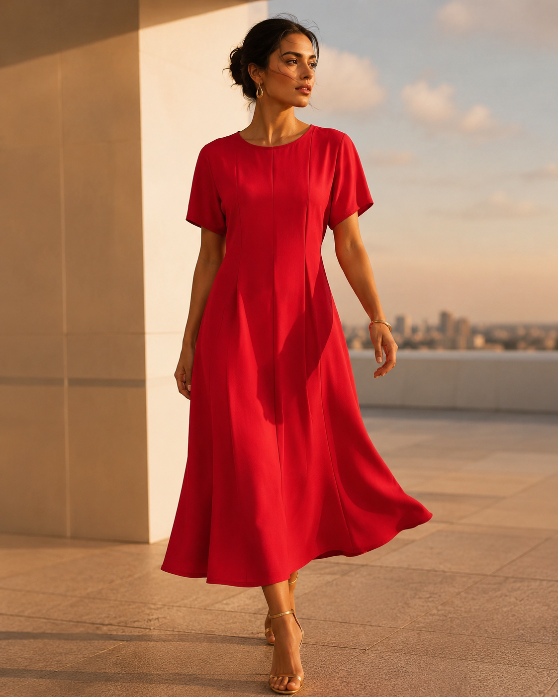 SHELLA — Robe midi rouge plissée à manches courtes, col rond & coupe évasée / Elegant Red Short-Sleeve Pleated Midi Dress / فستان ميدي أحمر بكسرات بأكمام قصيرة ورقبة دائرية