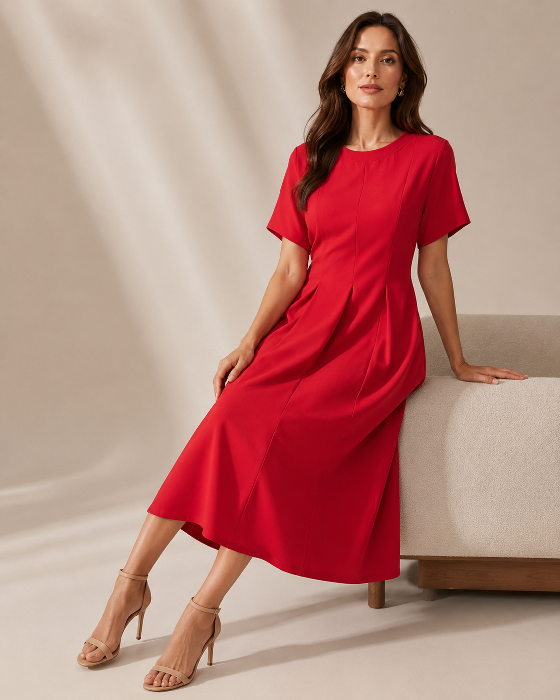 SHELLA — Robe midi rouge plissée à manches courtes, col rond & coupe évasée / Elegant Red Short-Sleeve Pleated Midi Dress / فستان ميدي أحمر بكسرات بأكمام قصيرة ورقبة دائرية