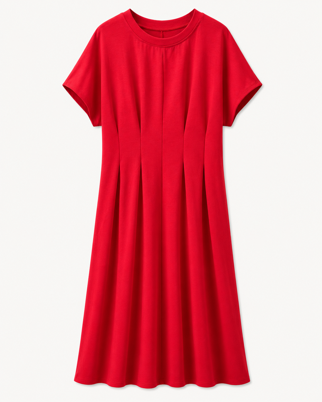 SHELLA — Robe midi rouge plissée à manches courtes, col rond & coupe évasée / Elegant Red Short-Sleeve Pleated Midi Dress / فستان ميدي أحمر بكسرات بأكمام قصيرة ورقبة دائرية
