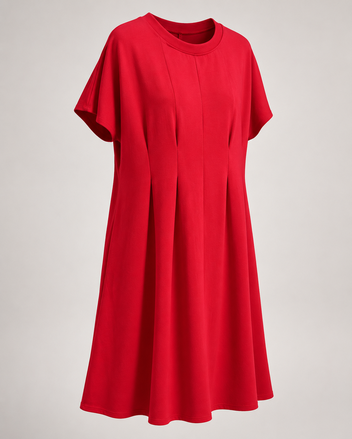 SHELLA — Robe midi rouge plissée à manches courtes, col rond & coupe évasée / Elegant Red Short-Sleeve Pleated Midi Dress / فستان ميدي أحمر بكسرات بأكمام قصيرة ورقبة دائرية