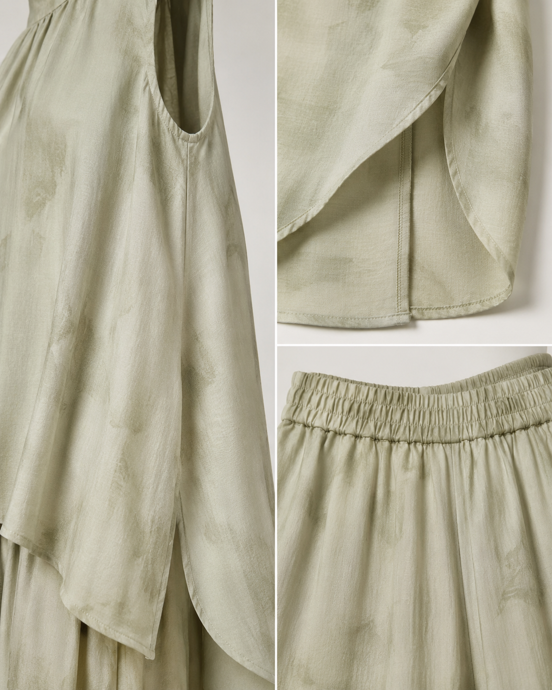 SHELLA — Ensemble vert sauge : tunique sans manches à col montant & ourlet asymétrique avec pantalon sarouel / Sage Green Asymmetrical Tunic & Harem Pants Co-Ord Set / طقم أخضر مريمي: تونيك بدون أكمام برقبة عالية وحاشية غير متماثلة وسروال هارم