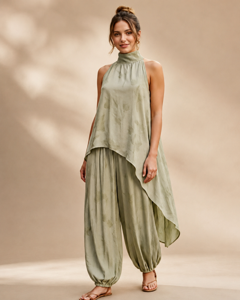 Sage Green Asymmetrical Tunic & Harem Pants Co-Ord Set