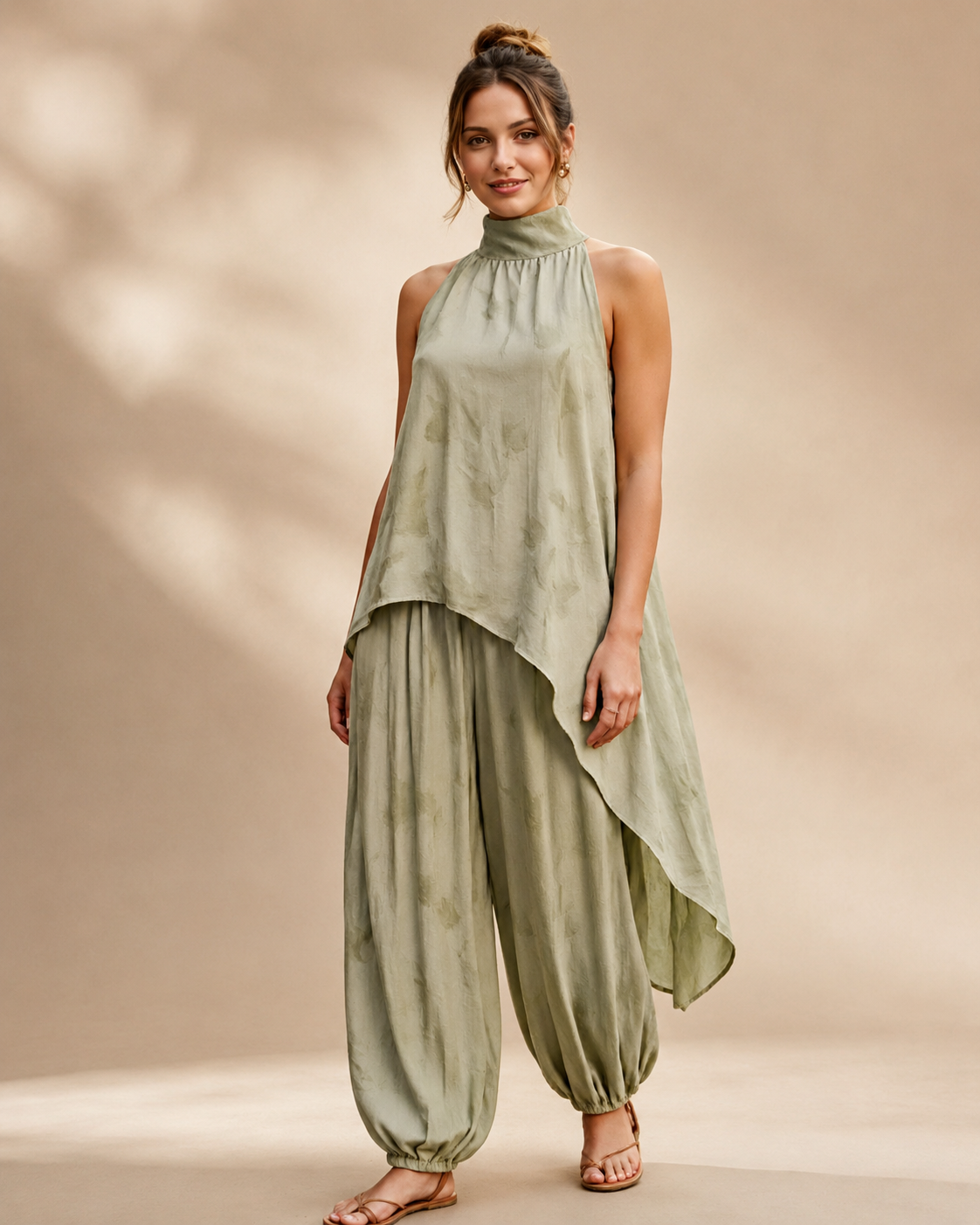 SHELLA — Ensemble vert sauge : tunique sans manches à col montant & ourlet asymétrique avec pantalon sarouel / Sage Green Asymmetrical Tunic & Harem Pants Co-Ord Set / طقم أخضر مريمي: تونيك بدون أكمام برقبة عالية وحاشية غير متماثلة وسروال هارم