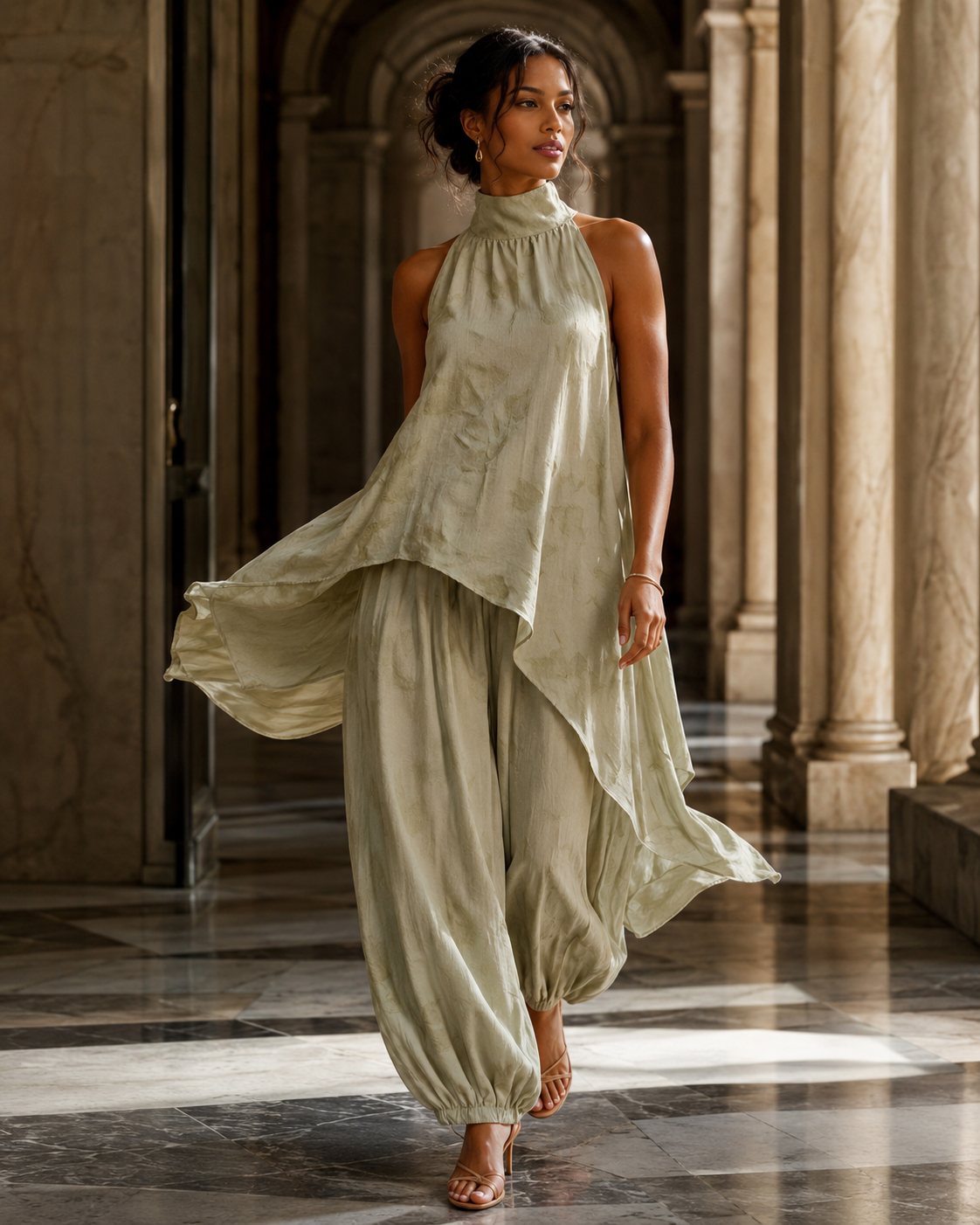 SHELLA — Ensemble vert sauge : tunique sans manches à col montant & ourlet asymétrique avec pantalon sarouel / Sage Green Asymmetrical Tunic & Harem Pants Co-Ord Set / طقم أخضر مريمي: تونيك بدون أكمام برقبة عالية وحاشية غير متماثلة وسروال هارم