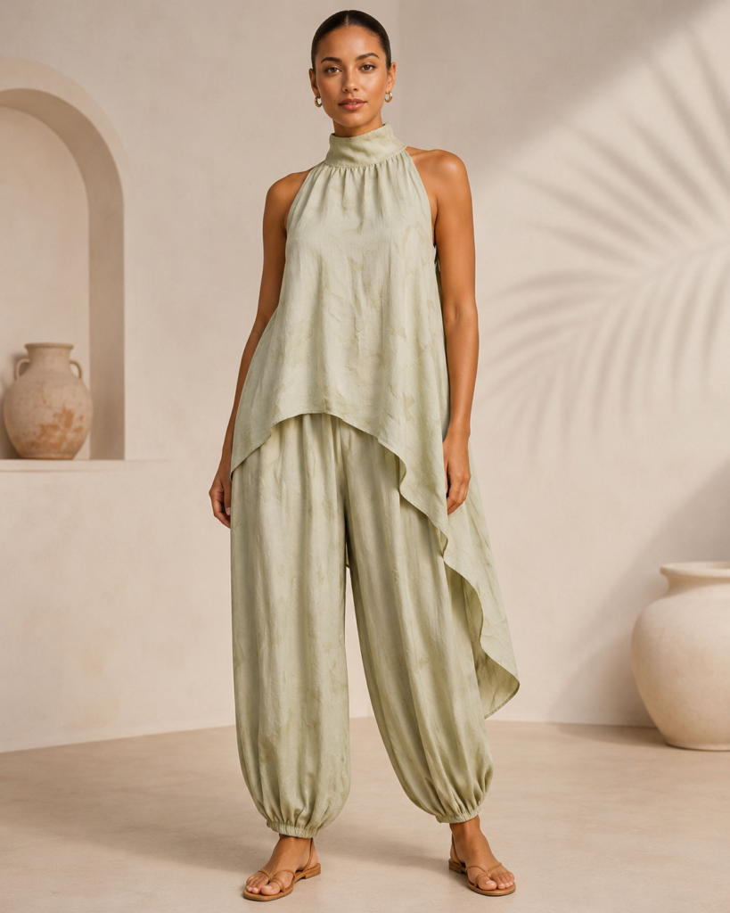 Sage Green Asymmetrical Tunic & Harem Pants Co-Ord Set