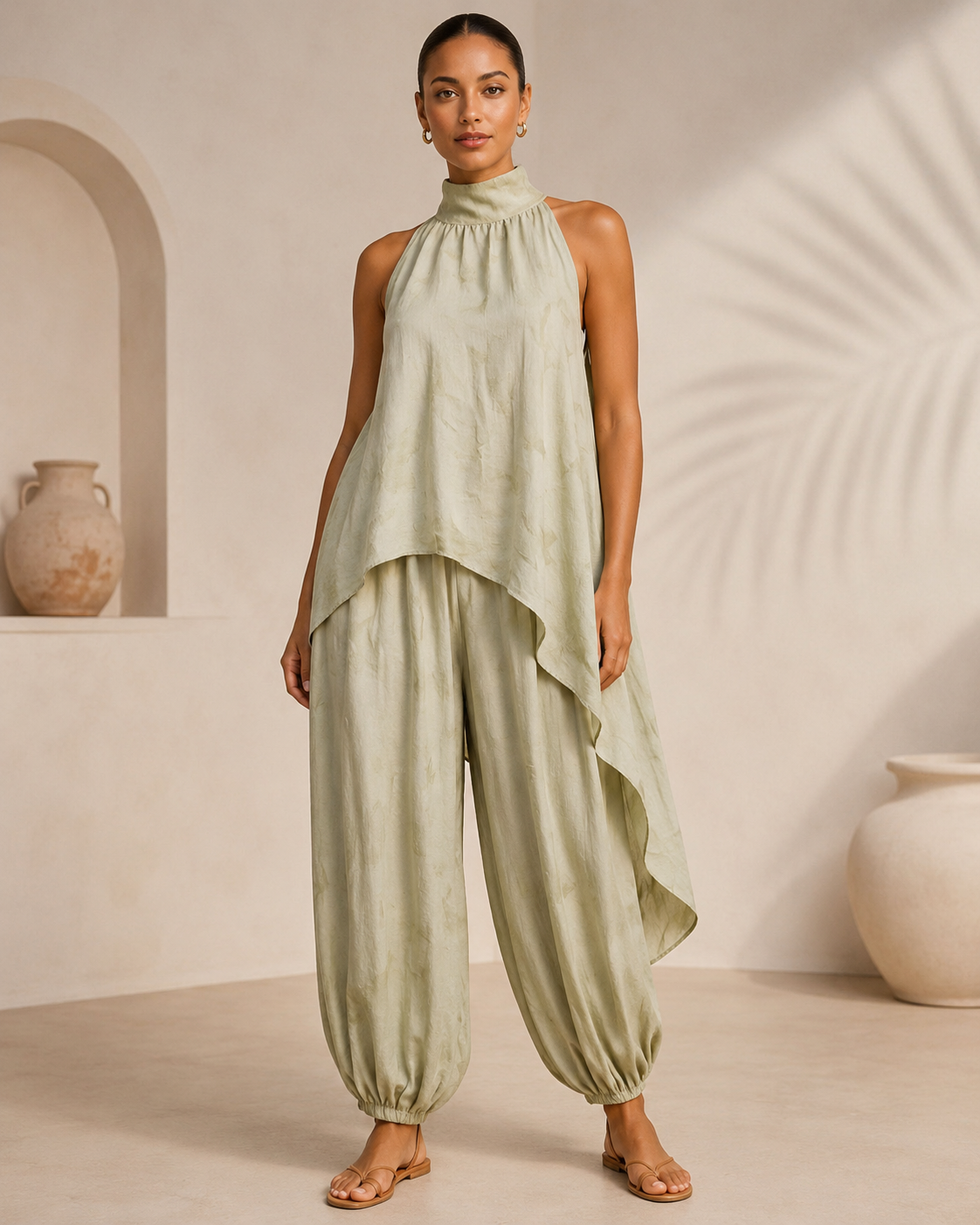 SHELLA — Ensemble vert sauge : tunique sans manches à col montant & ourlet asymétrique avec pantalon sarouel / Sage Green Asymmetrical Tunic & Harem Pants Co-Ord Set / طقم أخضر مريمي: تونيك بدون أكمام برقبة عالية وحاشية غير متماثلة وسروال هارم