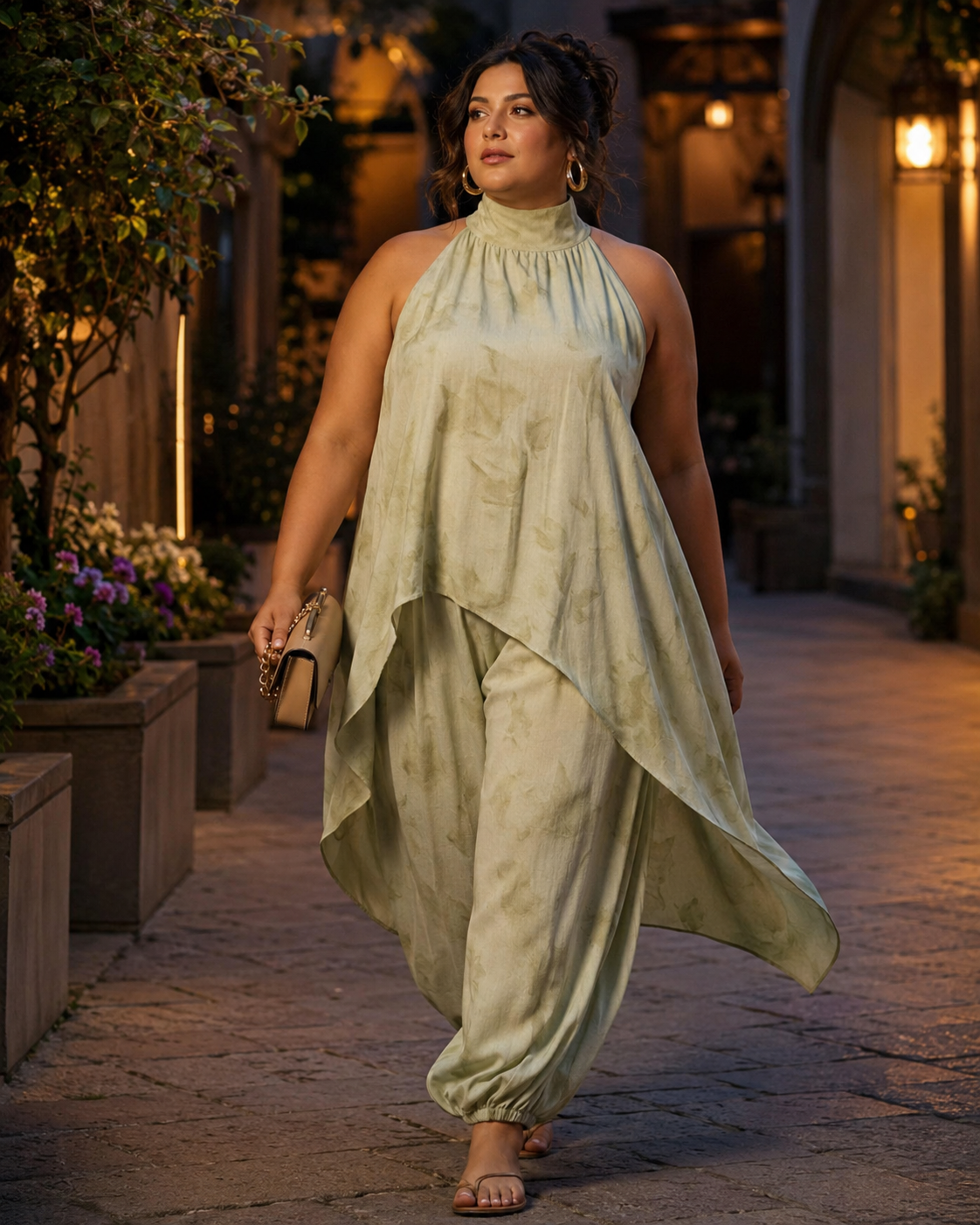 SHELLA — Ensemble vert sauge : tunique sans manches à col montant & ourlet asymétrique avec pantalon sarouel / Sage Green Asymmetrical Tunic & Harem Pants Co-Ord Set / طقم أخضر مريمي: تونيك بدون أكمام برقبة عالية وحاشية غير متماثلة وسروال هارم