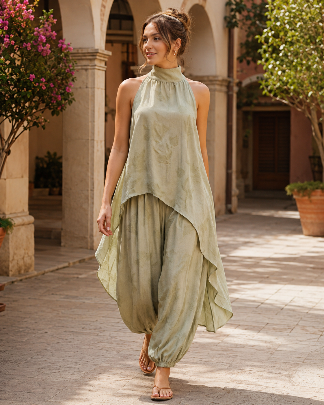 SHELLA — Ensemble vert sauge : tunique sans manches à col montant & ourlet asymétrique avec pantalon sarouel / Sage Green Asymmetrical Tunic & Harem Pants Co-Ord Set / طقم أخضر مريمي: تونيك بدون أكمام برقبة عالية وحاشية غير متماثلة وسروال هارم