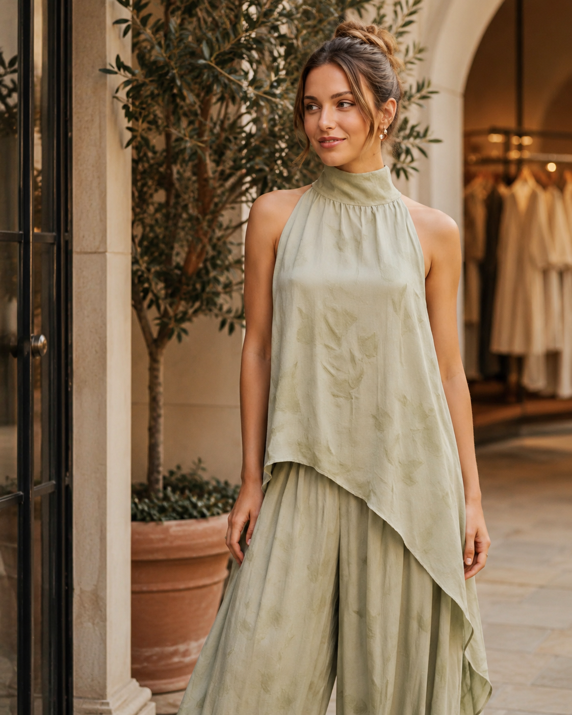 SHELLA — Ensemble vert sauge : tunique sans manches à col montant & ourlet asymétrique avec pantalon sarouel / Sage Green Asymmetrical Tunic & Harem Pants Co-Ord Set / طقم أخضر مريمي: تونيك بدون أكمام برقبة عالية وحاشية غير متماثلة وسروال هارم