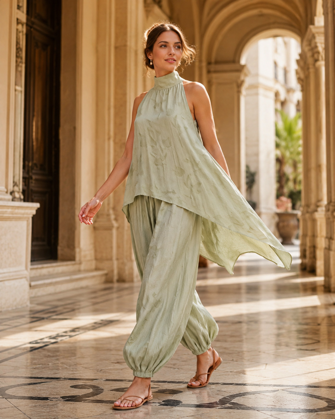SHELLA — Ensemble vert sauge : tunique sans manches à col montant & ourlet asymétrique avec pantalon sarouel / Sage Green Asymmetrical Tunic & Harem Pants Co-Ord Set / طقم أخضر مريمي: تونيك بدون أكمام برقبة عالية وحاشية غير متماثلة وسروال هارم