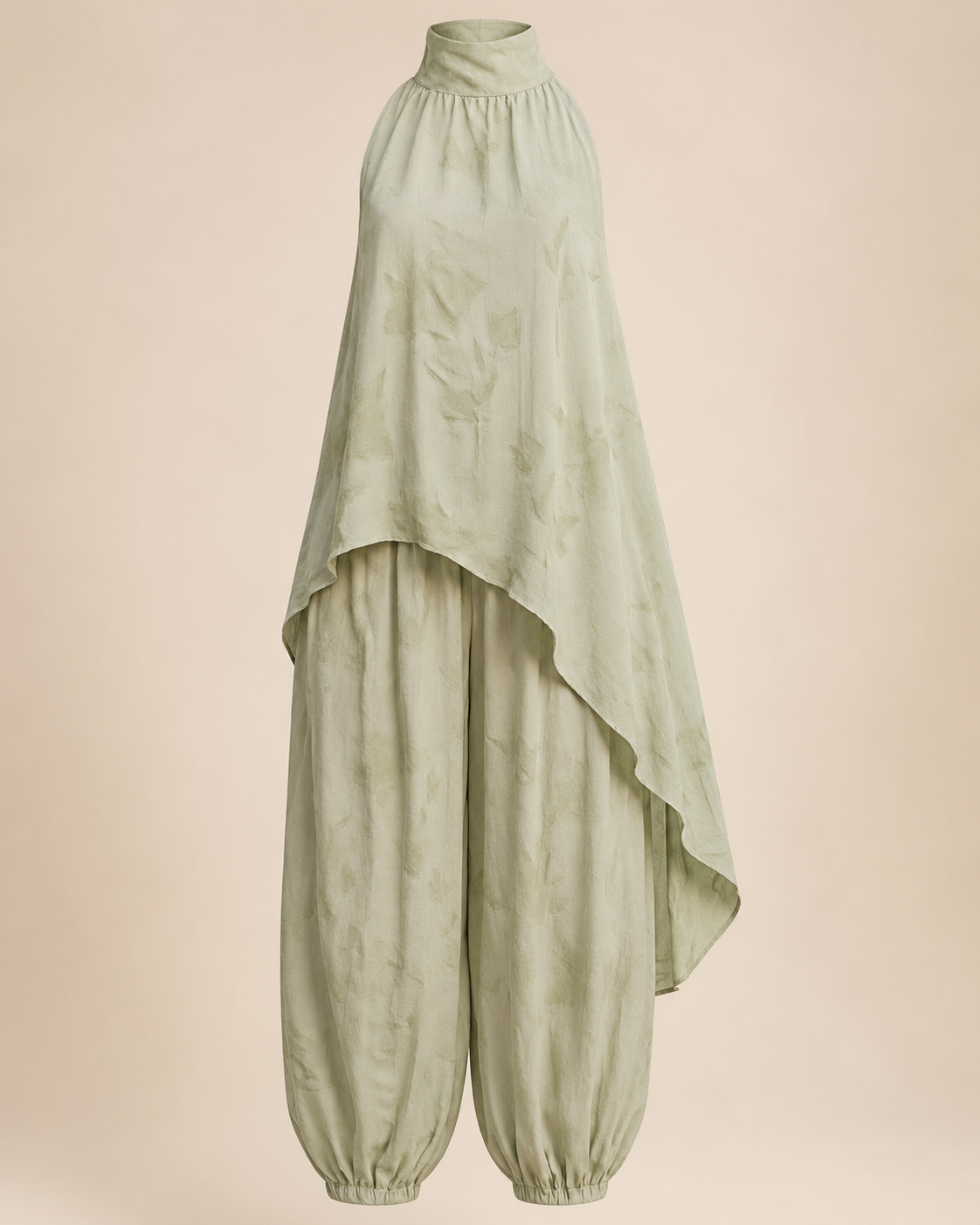 SHELLA — Ensemble vert sauge : tunique sans manches à col montant & ourlet asymétrique avec pantalon sarouel / Sage Green Asymmetrical Tunic & Harem Pants Co-Ord Set / طقم أخضر مريمي: تونيك بدون أكمام برقبة عالية وحاشية غير متماثلة وسروال هارم