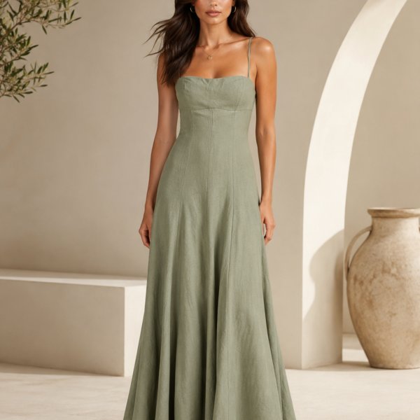 SHELLA — Robe longue vert sauge effet lin à fines bretelles / Sage Green Linen-Blend Strappy Maxi Dress / فستان طويل أخضر مريمي بمظهر الكتان وحمالات رفيعة