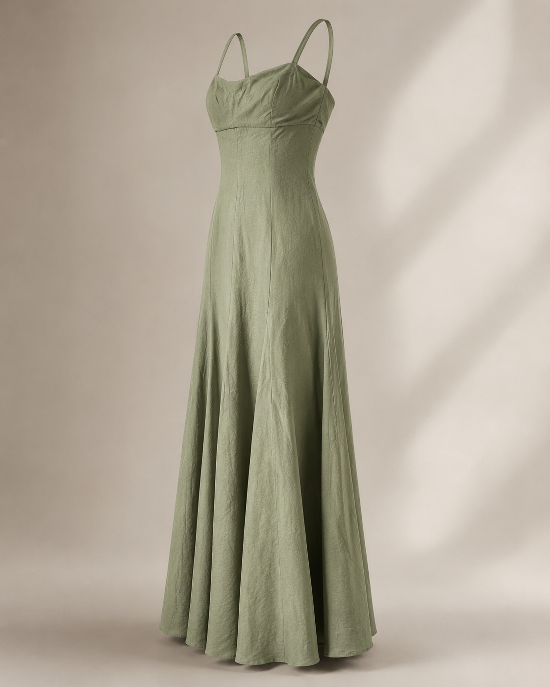 SHELLA — Robe longue vert sauge effet lin à fines bretelles / Sage Green Linen-Blend Strappy Maxi Dress / فستان طويل أخضر مريمي بمظهر الكتان وحمالات رفيعة