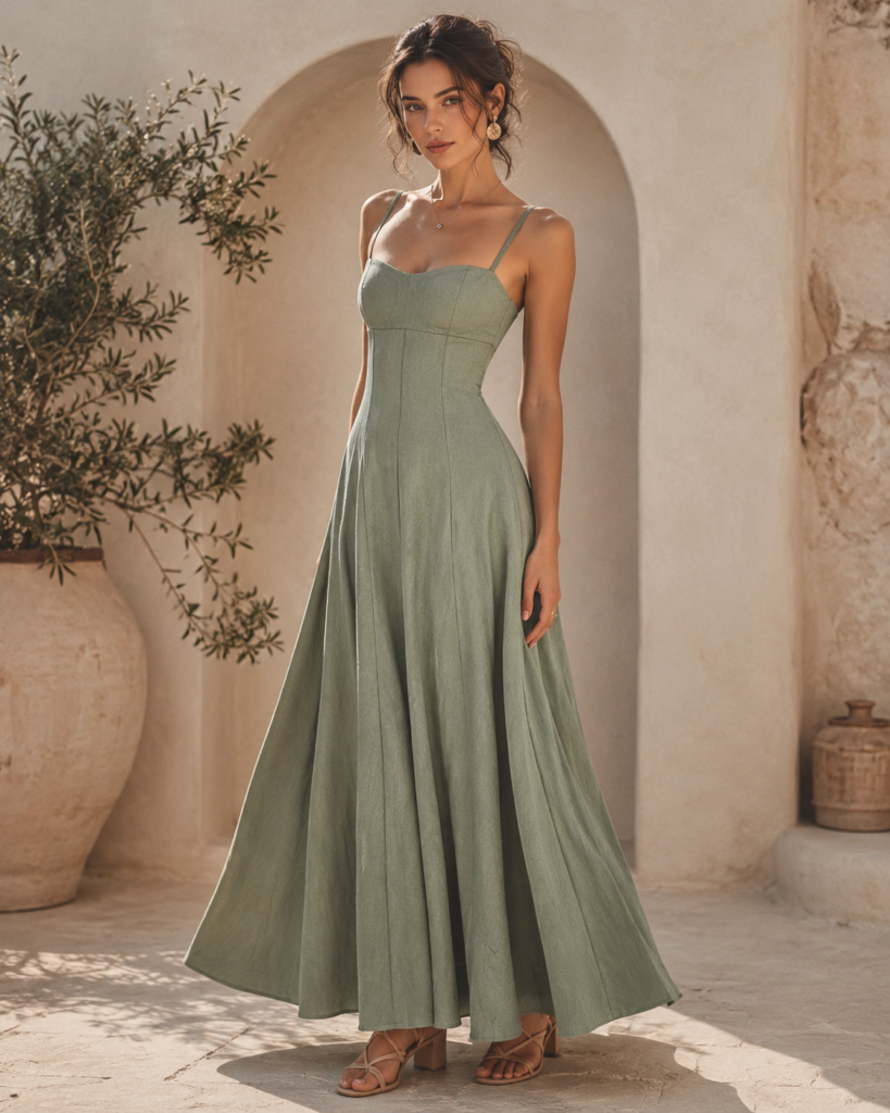 Sage Green Linen-Blend Strappy Maxi Dress
