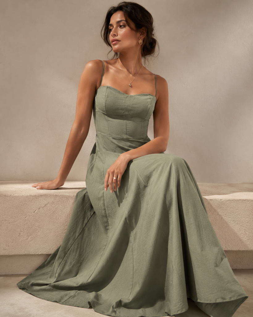 Sage Green Linen-Blend Strappy Maxi Dress