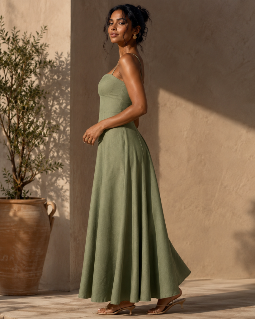 Sage Green Linen-Blend Strappy Maxi Dress