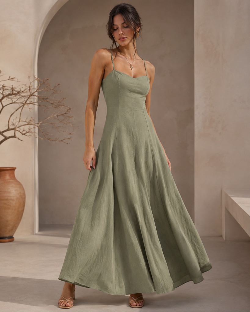 Sage Green Linen-Blend Strappy Maxi Dress