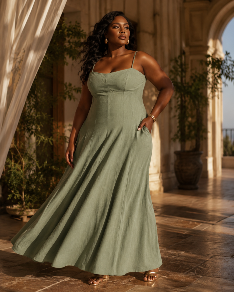 Sage Green Linen-Blend Strappy Maxi Dress