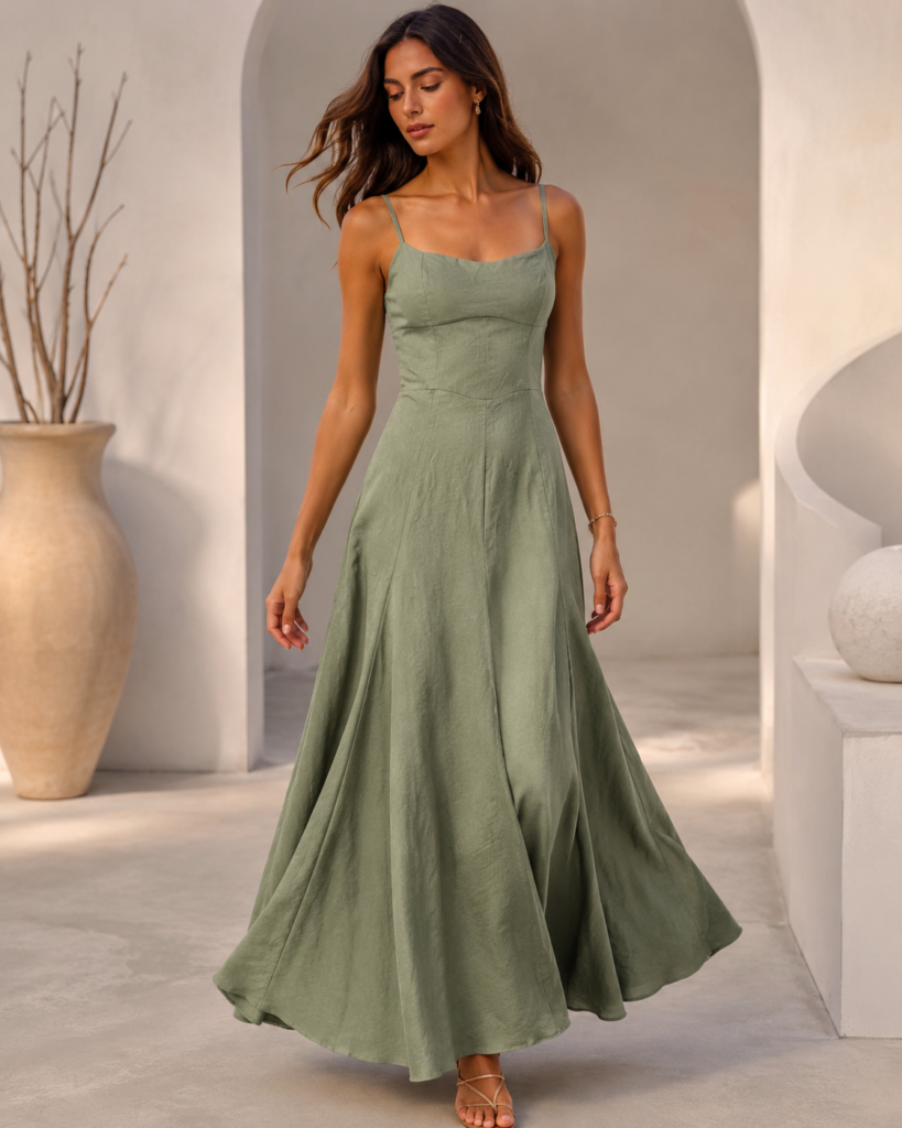 Sage Green Linen-Blend Strappy Maxi Dress