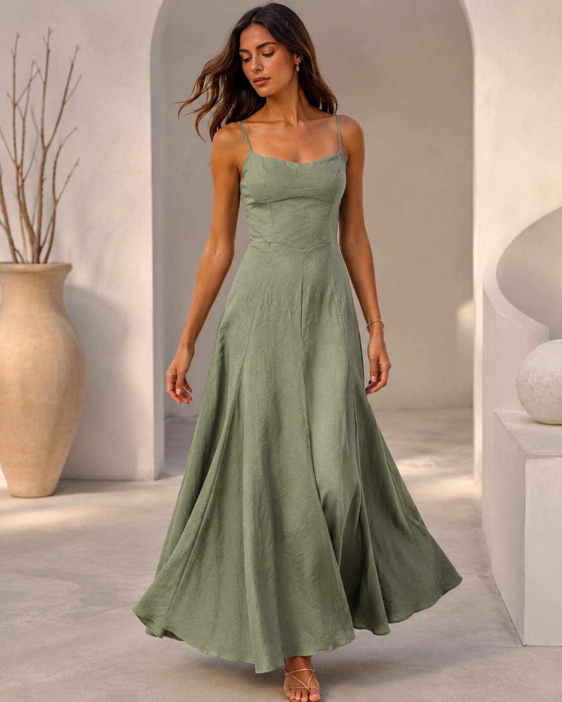 SHELLA — Robe longue vert sauge effet lin à fines bretelles / Sage Green Linen-Blend Strappy Maxi Dress / فستان طويل أخضر مريمي بمظهر الكتان وحمالات رفيعة