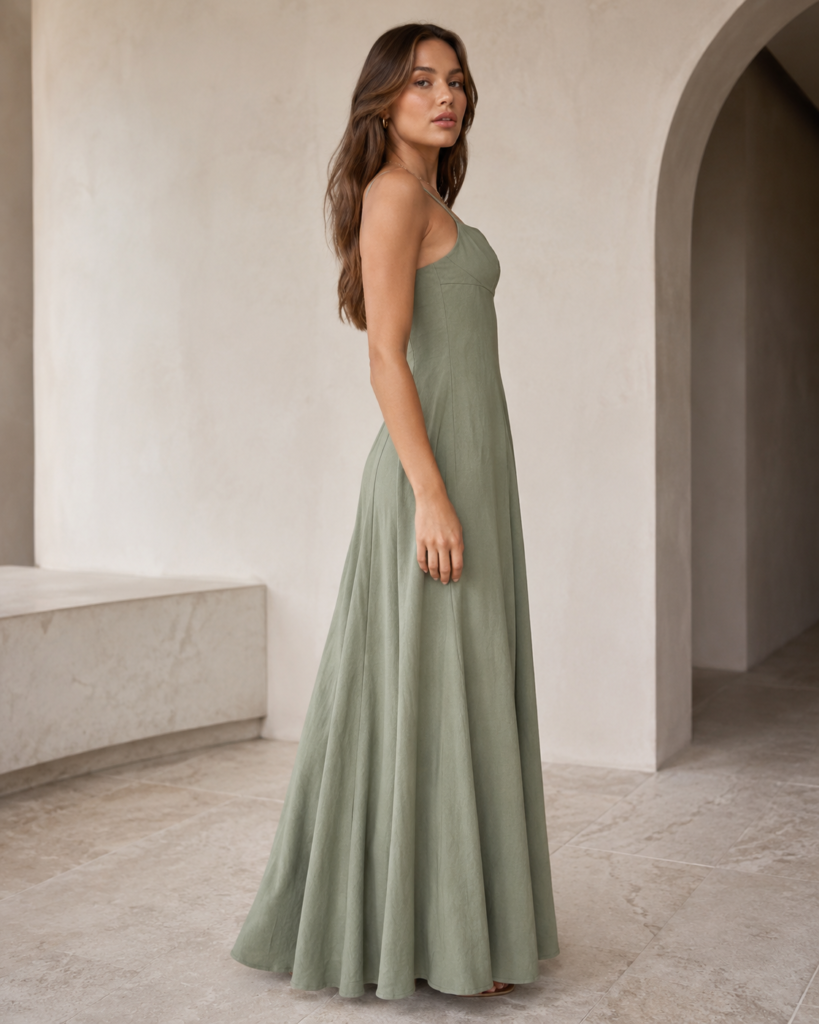 Sage Green Linen-Blend Strappy Maxi Dress