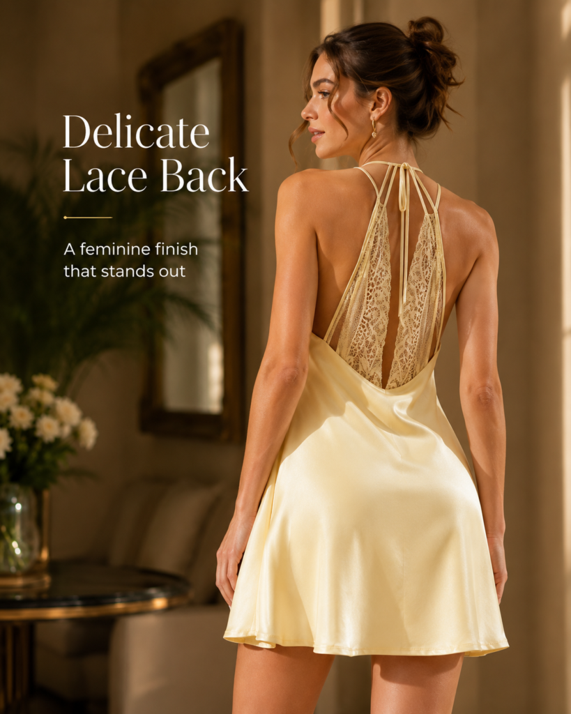 Women's Satin Lace Back Mini Slip Dress - Cowl Neck Spaghetti Strap Night Dress