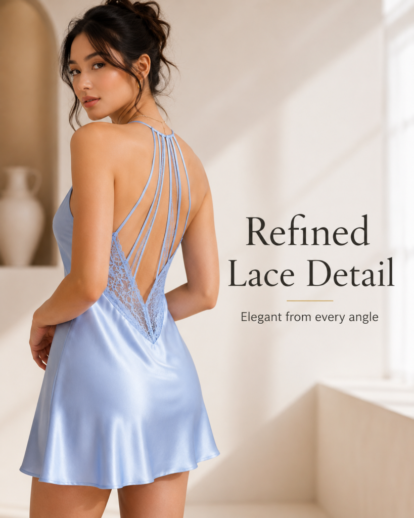 Women's Satin Lace Back Mini Slip Dress - Cowl Neck Spaghetti Strap Night Dress