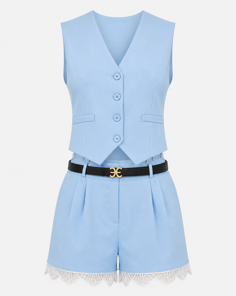 Women's Sky Blue Tailored Vest & Lace-Trim Shorts Co-ord Set
