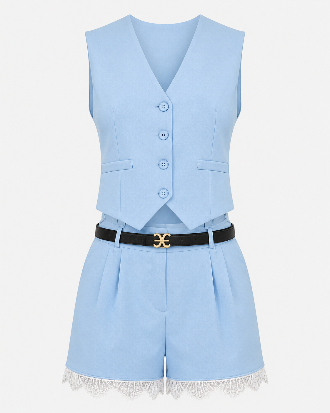 SHELLA — Ensemble bleu ciel gilet tailleur sans manches & short à bordure dentelle / Sky Blue Tailored Vest & Lace-Trim Shorts Co-ord Set / طقم صدرية مفصّلة وشورت بحافة دانتيل أزرق سماوي