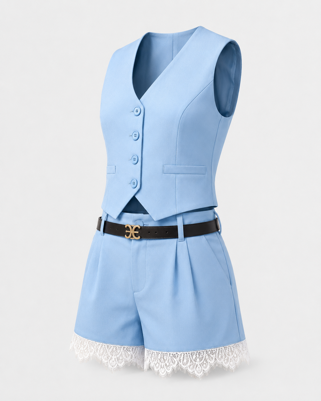 SHELLA — Ensemble bleu ciel gilet tailleur sans manches & short à bordure dentelle / Sky Blue Tailored Vest & Lace-Trim Shorts Co-ord Set / طقم صدرية مفصّلة وشورت بحافة دانتيل أزرق سماوي