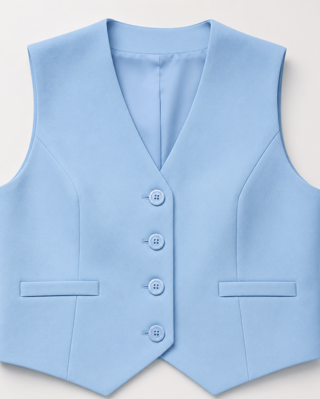 SHELLA — Ensemble bleu ciel gilet tailleur sans manches & short à bordure dentelle / Sky Blue Tailored Vest & Lace-Trim Shorts Co-ord Set / طقم صدرية مفصّلة وشورت بحافة دانتيل أزرق سماوي