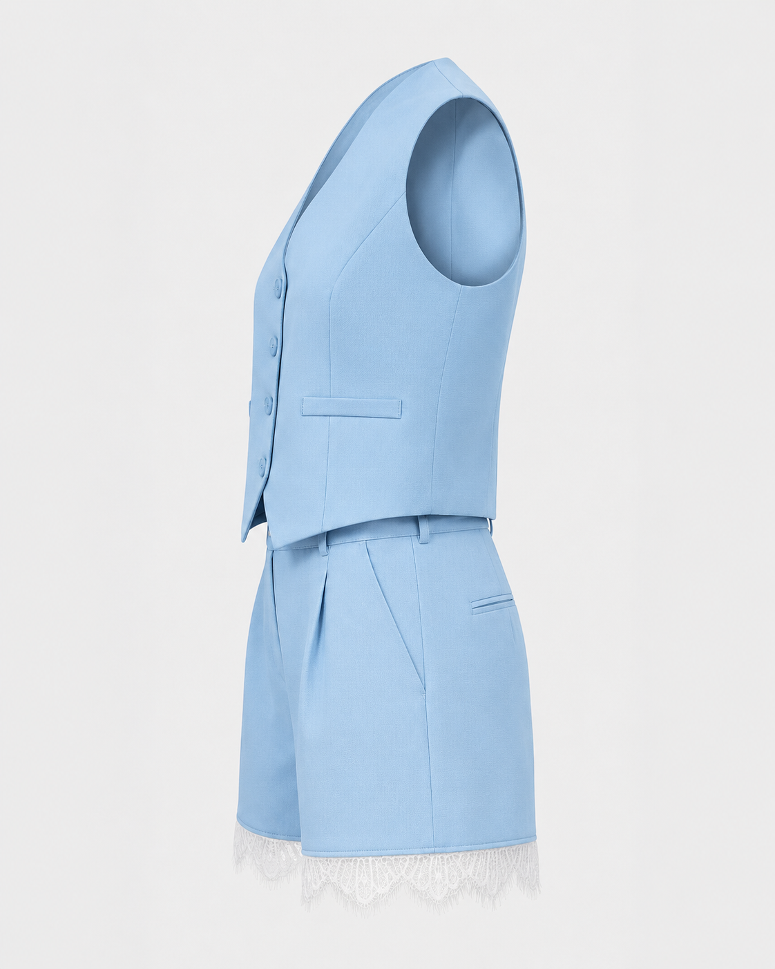 SHELLA — Ensemble bleu ciel gilet tailleur sans manches & short à bordure dentelle / Sky Blue Tailored Vest & Lace-Trim Shorts Co-ord Set / طقم صدرية مفصّلة وشورت بحافة دانتيل أزرق سماوي