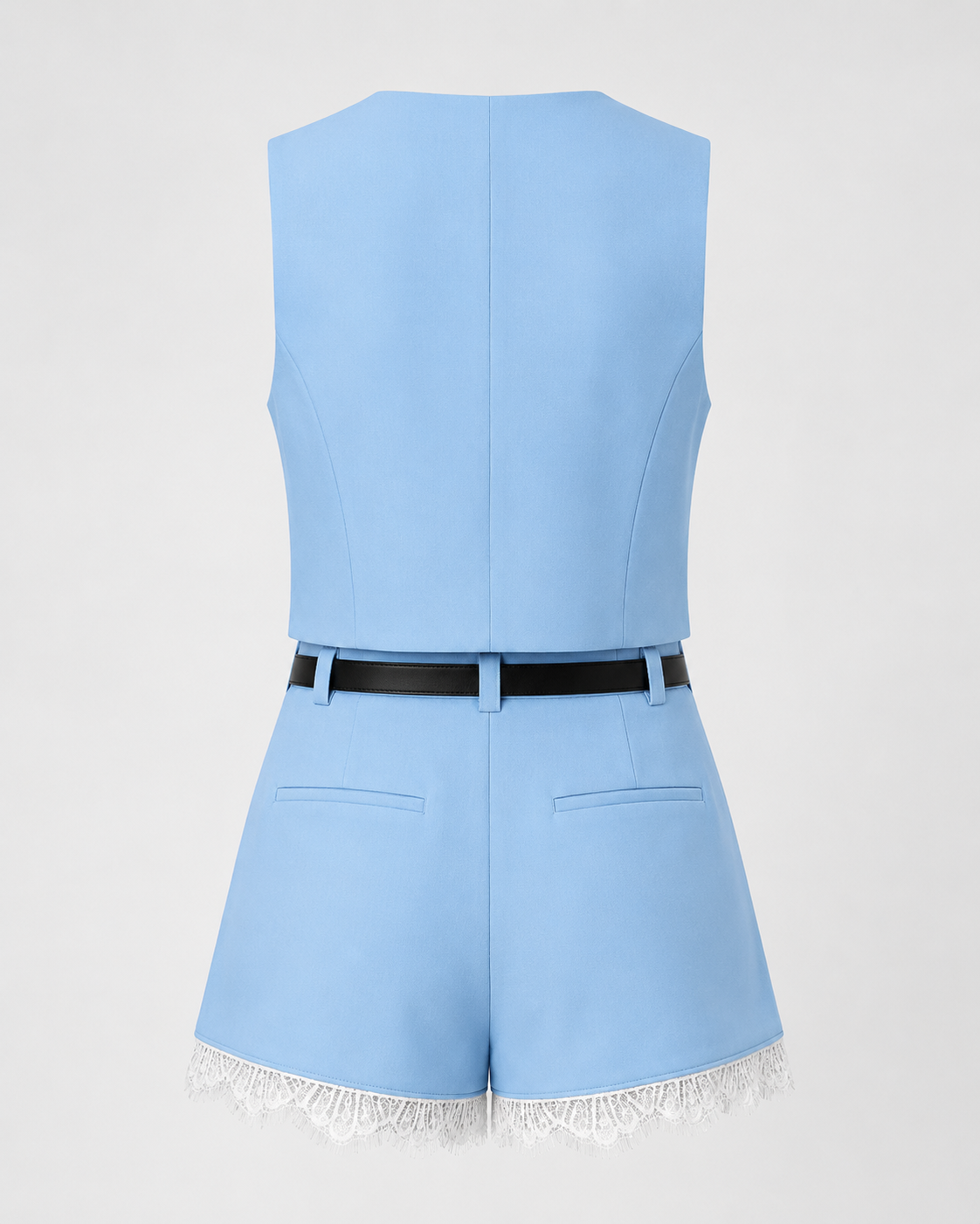 SHELLA — Ensemble bleu ciel gilet tailleur sans manches & short à bordure dentelle / Sky Blue Tailored Vest & Lace-Trim Shorts Co-ord Set / طقم صدرية مفصّلة وشورت بحافة دانتيل أزرق سماوي