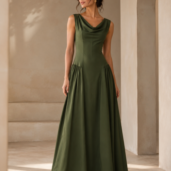 SHELLA — Robe maxi sans manches à col drapé, taille basse & panneaux froncés / Sleeveless Cowl Neck Drop-Waist Maxi Dress / فستان ماكسي بدون أكمام برقبة منسدلة وخصر منخفض وجوانب مكشكشة