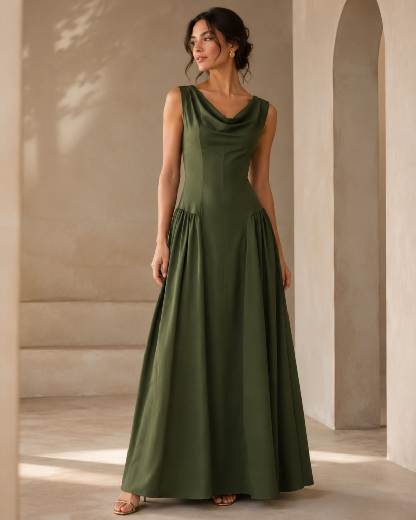 Women's Sleeveless Cowl Neck Drop-Waist Maxi Dress with Gathered Side Panels