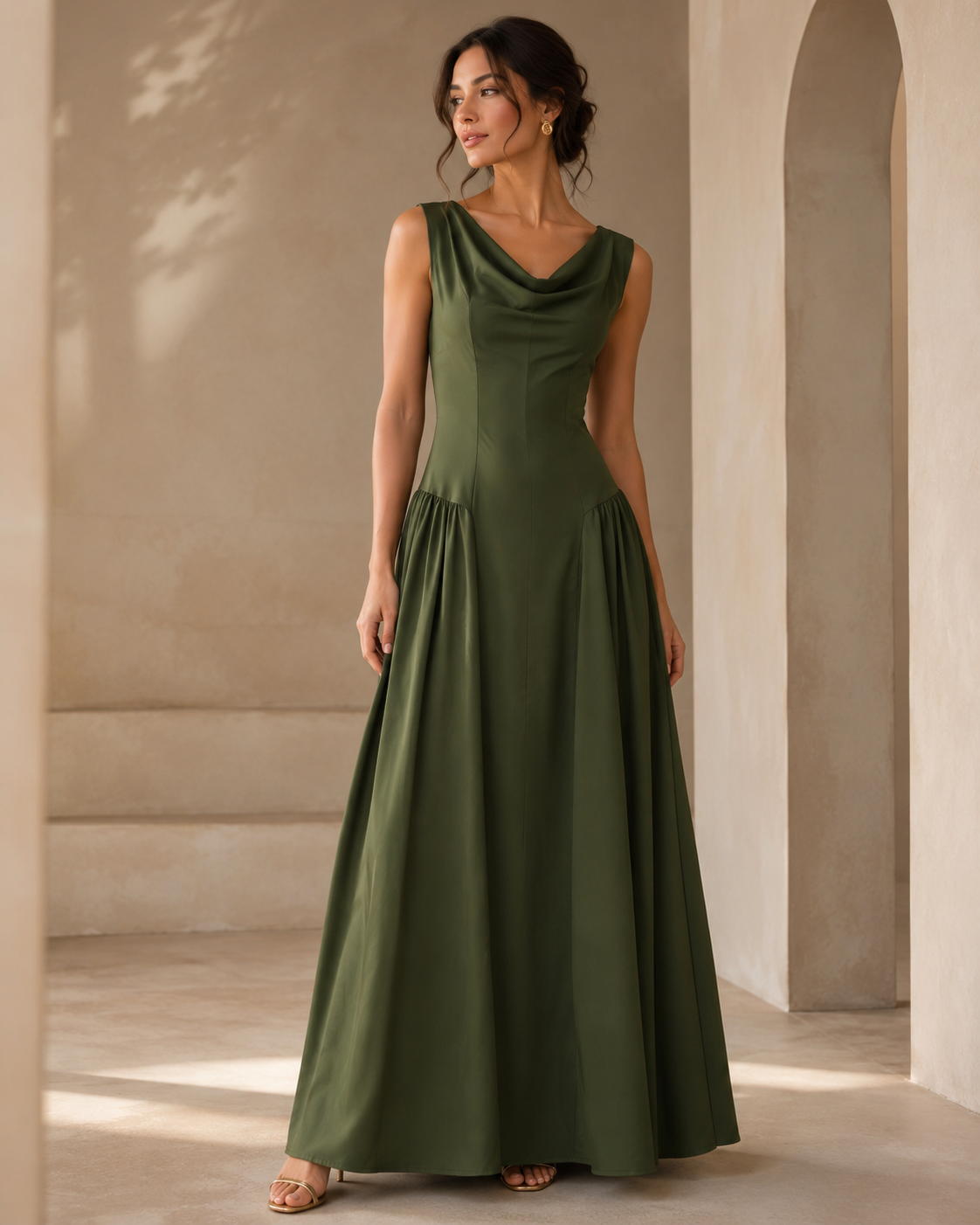 SHELLA — Robe maxi sans manches à col drapé, taille basse & panneaux froncés / Sleeveless Cowl Neck Drop-Waist Maxi Dress / فستان ماكسي بدون أكمام برقبة منسدلة وخصر منخفض وجوانب مكشكشة