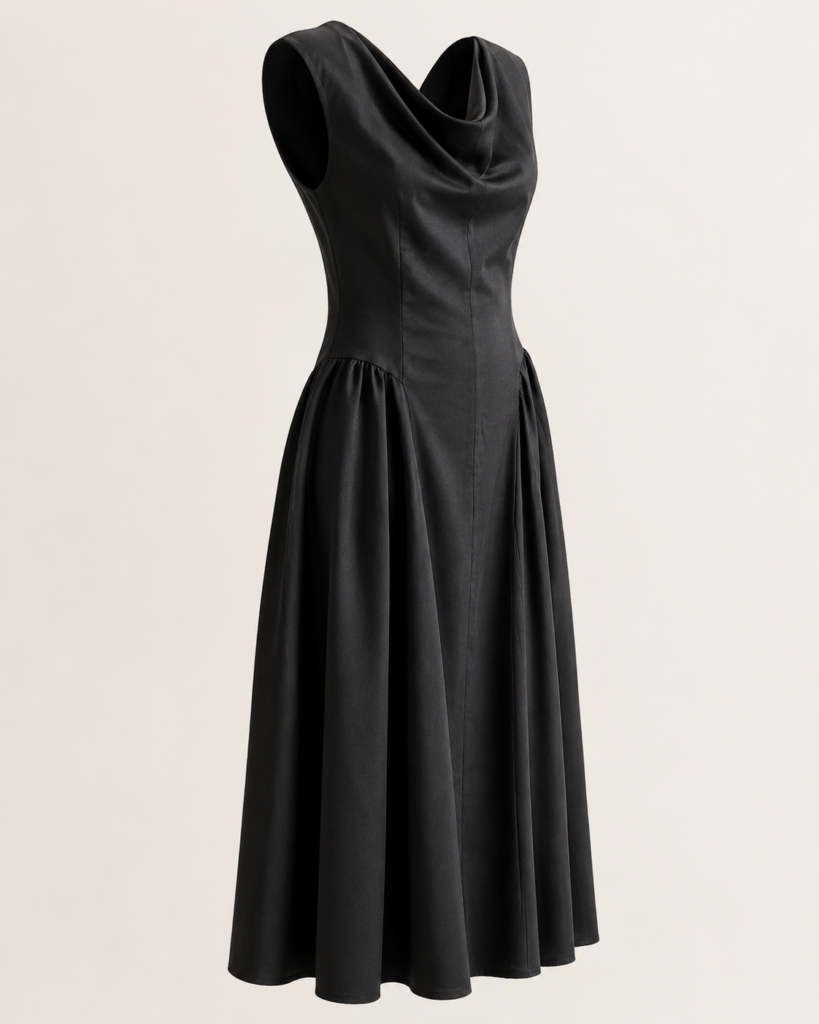 Women's Sleeveless Cowl Neck Drop-Waist Maxi Dress with Gathered Side Panels